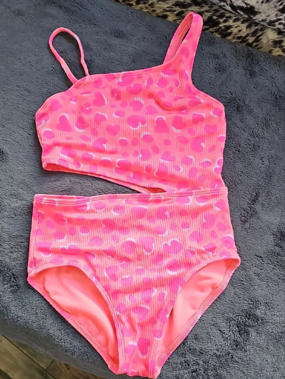 Cat & Jack Neon Pink Heart Print One-Piece Swim Set with Ruffle Skirt